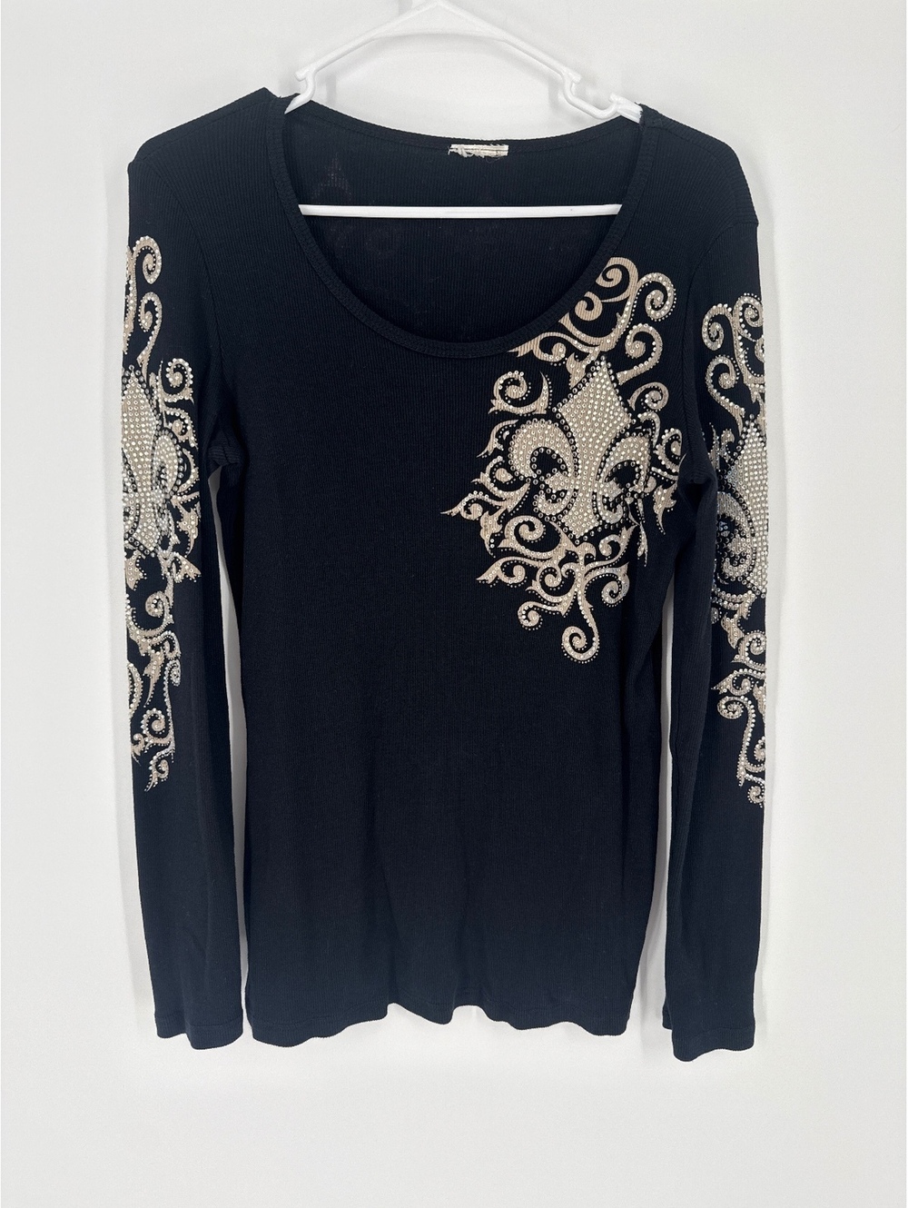 Black Long Sleeve Top with Decorative Studded Fleur-de-Lis Design